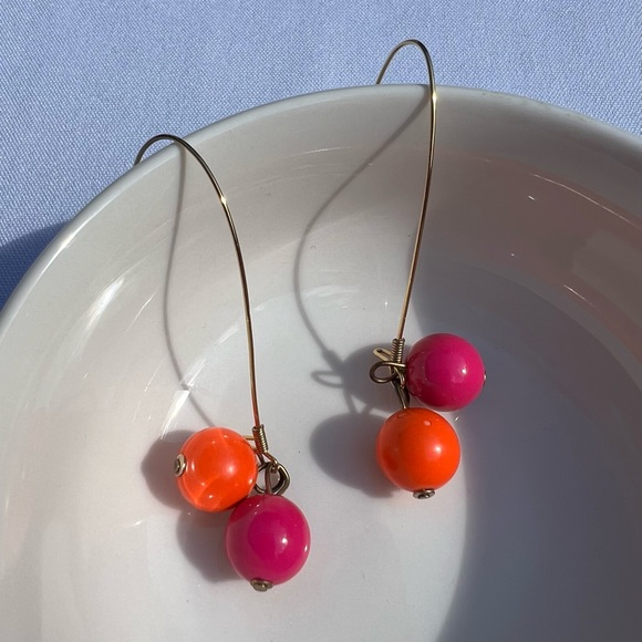 Pink Orange Sphere Dangle Earrings Ball Globe Round Hanging Jewelry - Picture 1 of 3
